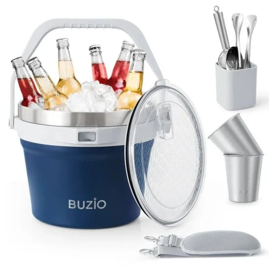BUZIO 7L Insulated Stainless Steel Ice Bucket with Lid Ice Tongs Scoop And 2 Cups Keeps Ice Cold for Up to 48 Hours