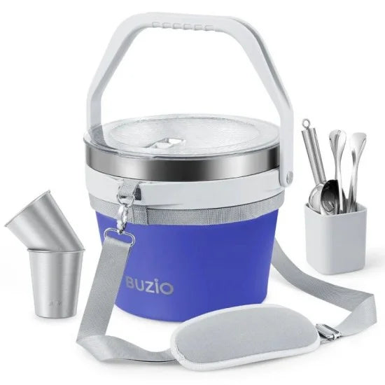 BUZIO 7L Insulated Stainless Steel Ice Bucket with Lid Ice Tongs Scoop And 2 Cups Keeps Ice Cold for Up to 48 Hours