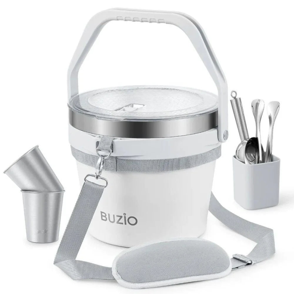 BUZIO 7L Insulated Stainless Steel Ice Bucket with Lid Ice Tongs Scoop And 2 Cups Keeps Ice Cold for Up to 48 Hours