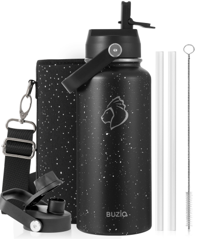 Buzio Duet Series Water Bottle with 2 Lids and Sleeve 1L