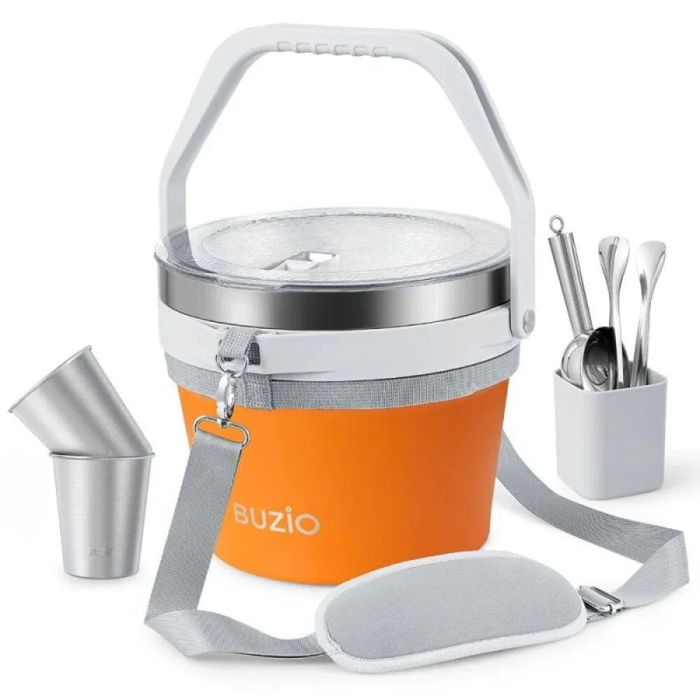 BUZIO 7L Insulated Stainless Steel Ice Bucket with Lid Ice Tongs Scoop And 2 Cups Keeps Ice Cold for Up to 48 Hours