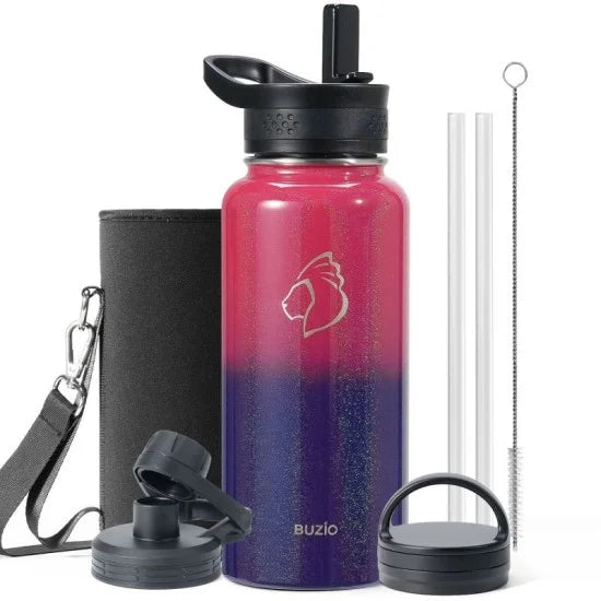 Buzio Trio Series Water Bottle with 3 Lids and Sleeve 1L