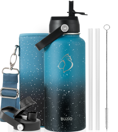 Buzio Duet Series Water Bottle with 2 Lids and Sleeve 1L