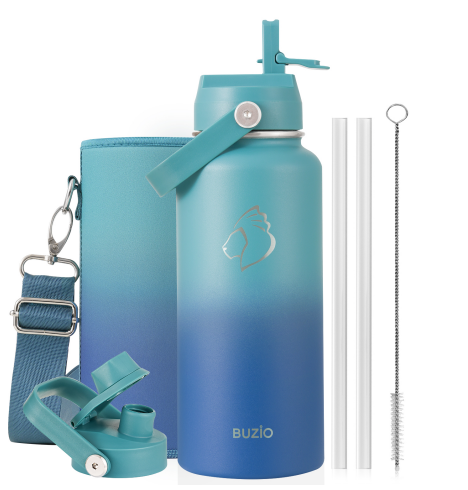 Buzio Duet Series Water Bottle with 2 Lids and Sleeve 1L