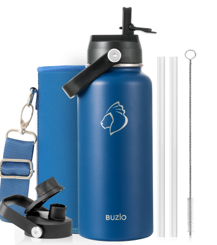 Buzio Duet Series Water Bottle with 2 Lids and Sleeve 1L